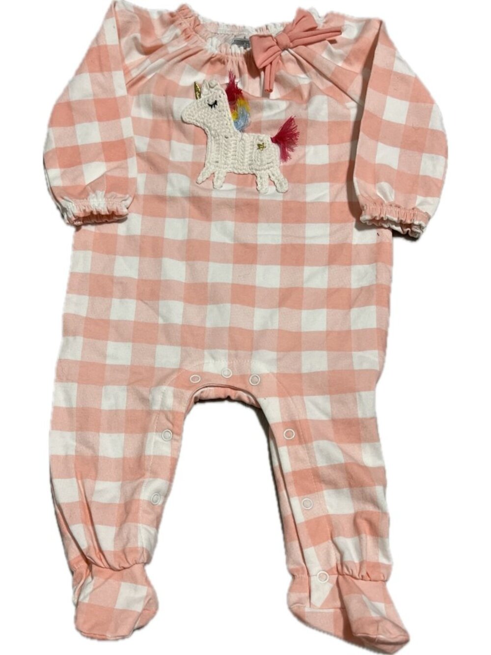 Mud Pie 3-6m NWOT crochet unicorn applique footie sleeper pink white gingham